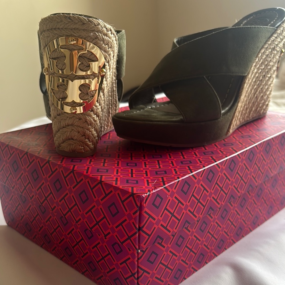 Tory Burch Dark Green Wedge Sandals